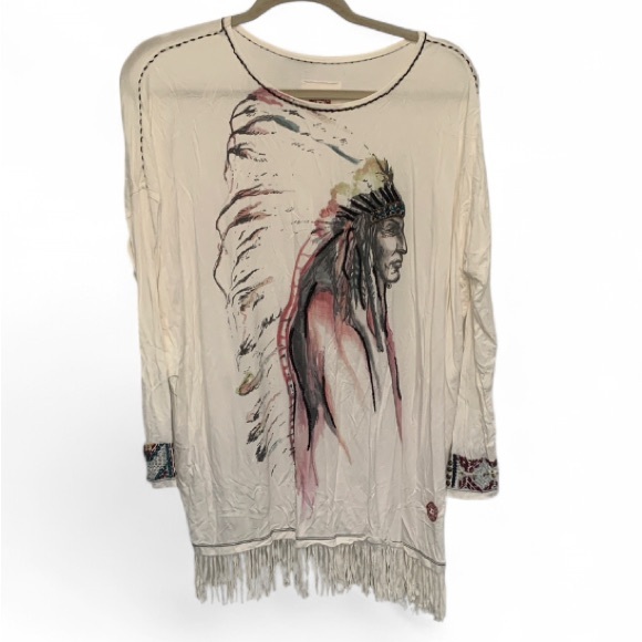 Double D Ranch Tops - Double D Ranch Native American Graphic Fringe Hem Long Sleeve Shirt